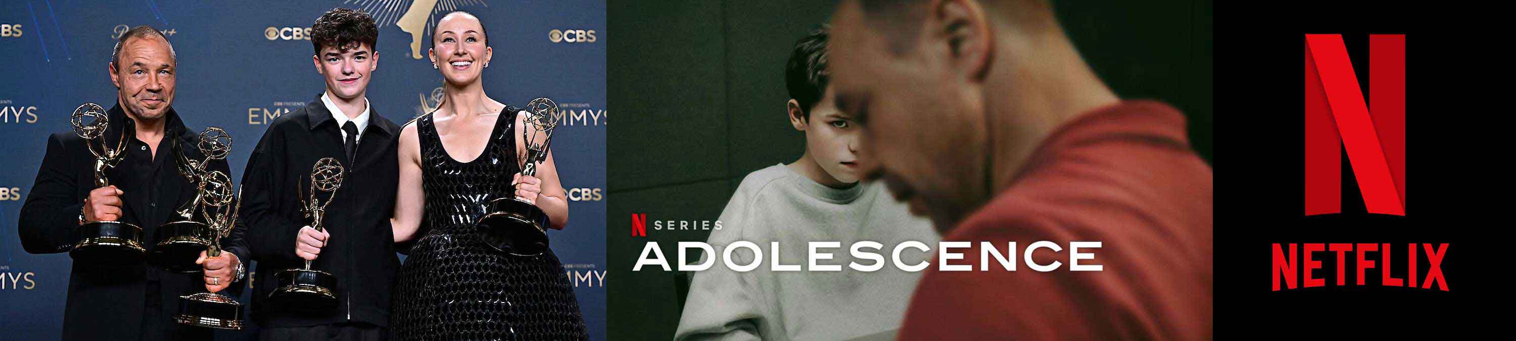 Stephen Graham and the cast of Adolescence at the Emmys, alongside the Netflix series key art and logo.